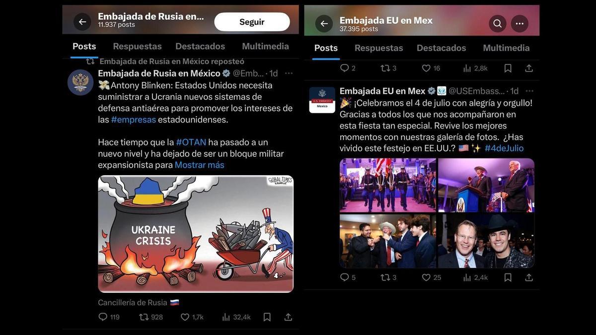 A la izquierda, un tuit reciente de la embajada de Rusia en México, con más de 32.000 visitas y 1.700 'likes'. A la izquierda, otro de la embajada de EEUU, con 2.400 visitas y 23 'likes'.