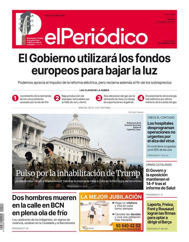 La portada d’EL PERIÓDICO del 12 de gener del 2021