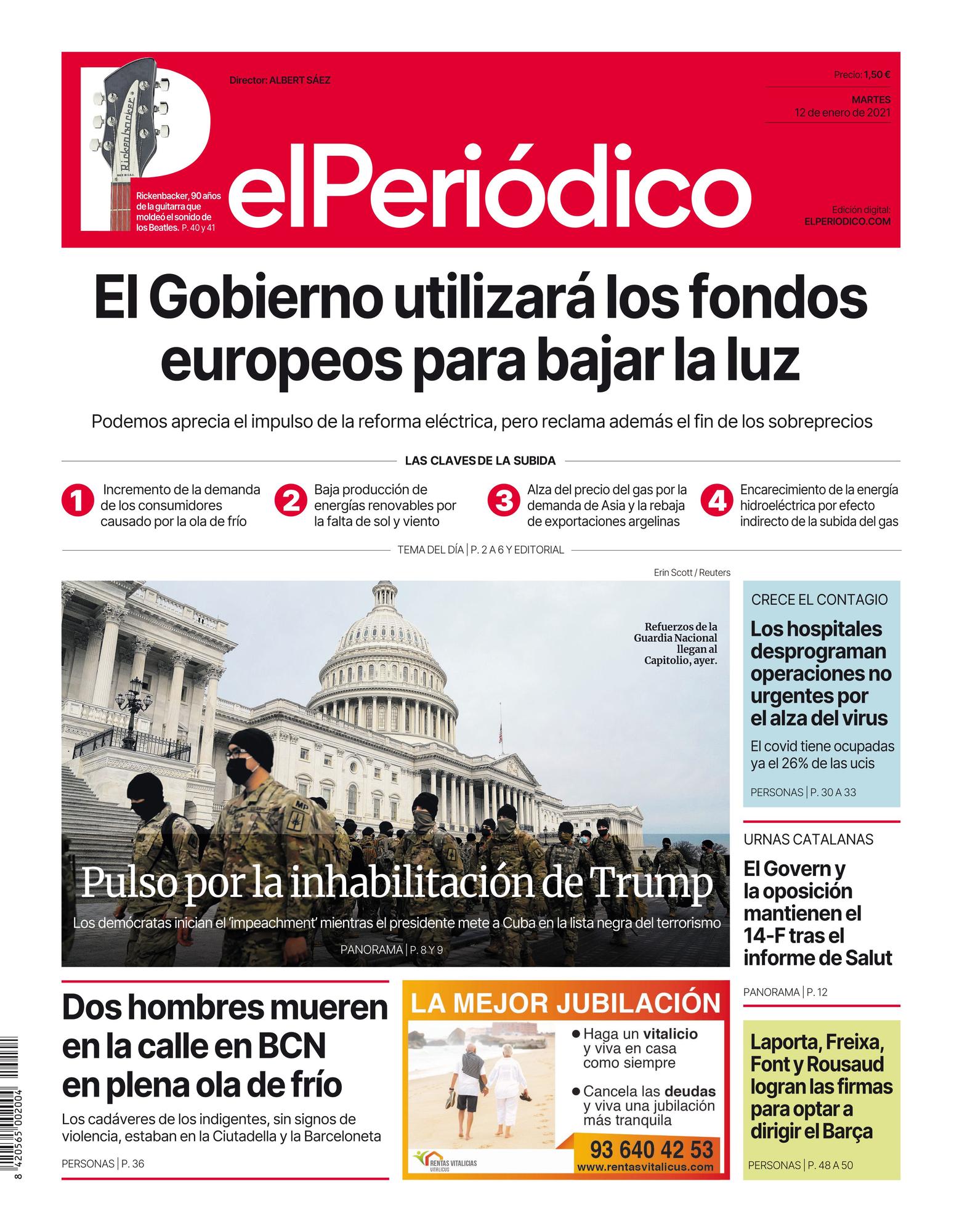 La portada de EL PERIÓDICO del 12 de enero del 2021