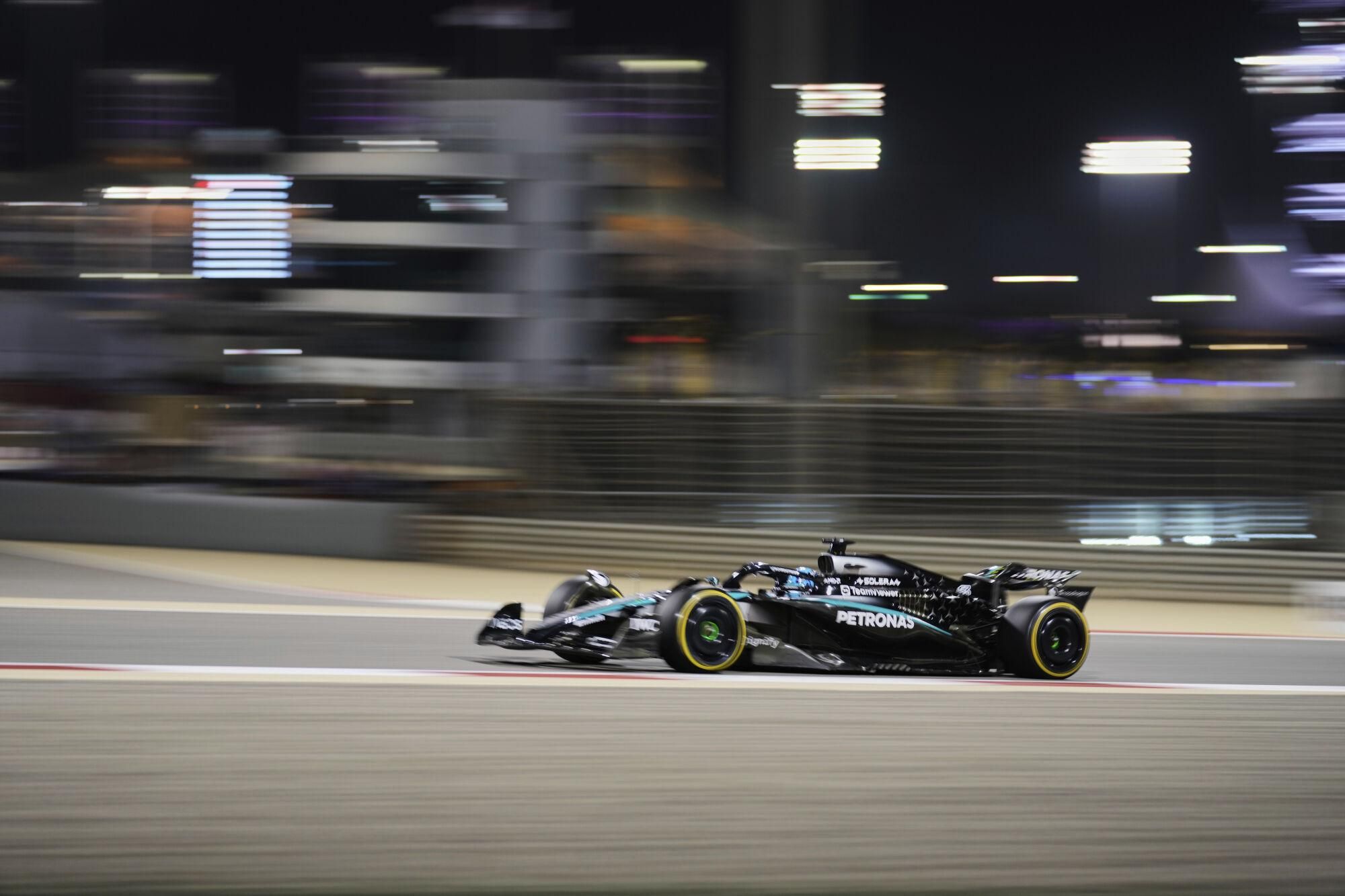 Mercedes driver George Russell of Britain in action during the the Formula One Bahrain Grand Prix, in Sakhir, Sunday, April 13, 2025. (AP Photo/Darko Bandic)