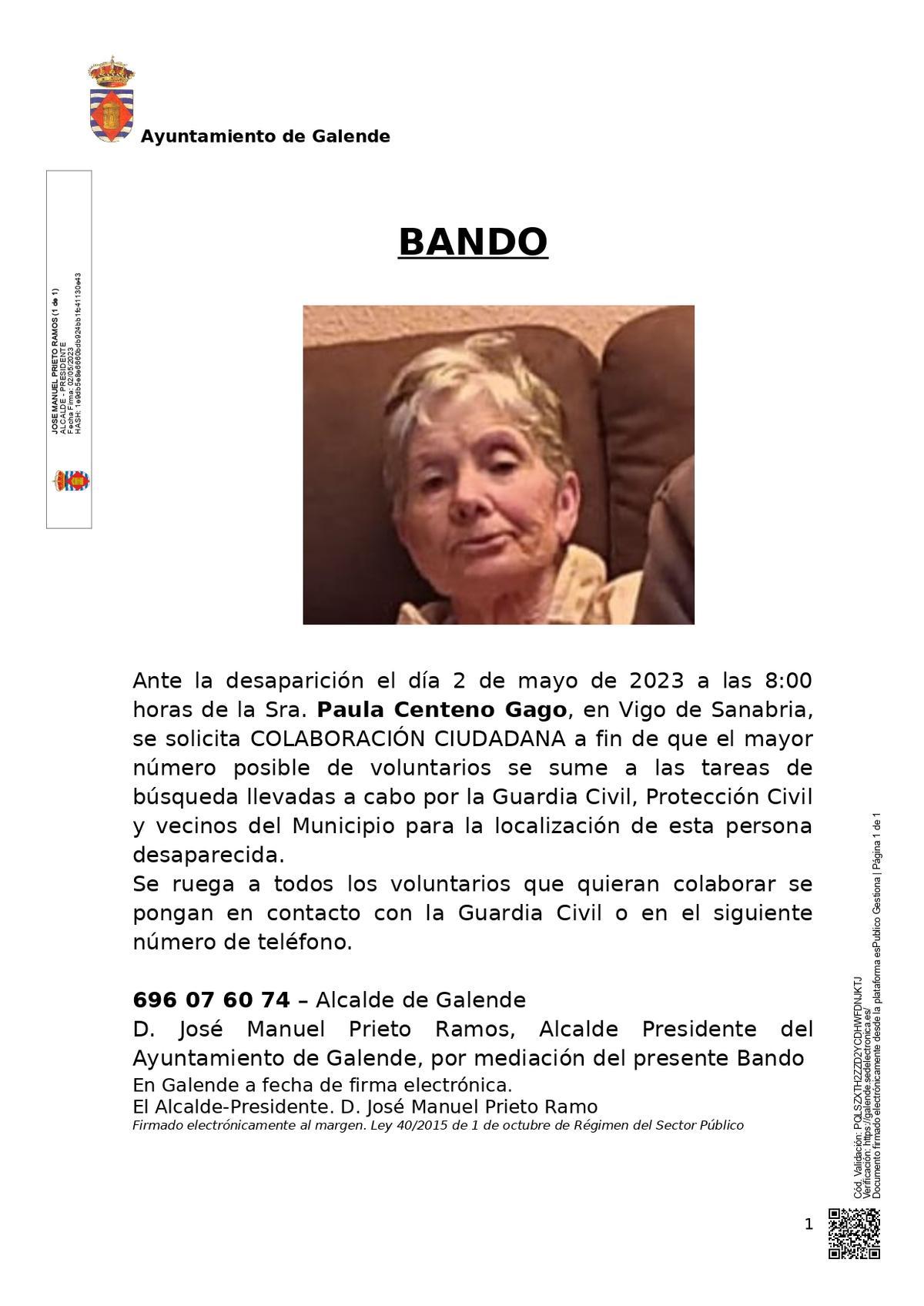 Bando del Ayuntamiento de Galende sobre la mujer desaparecida en Vigo de Sanabria.