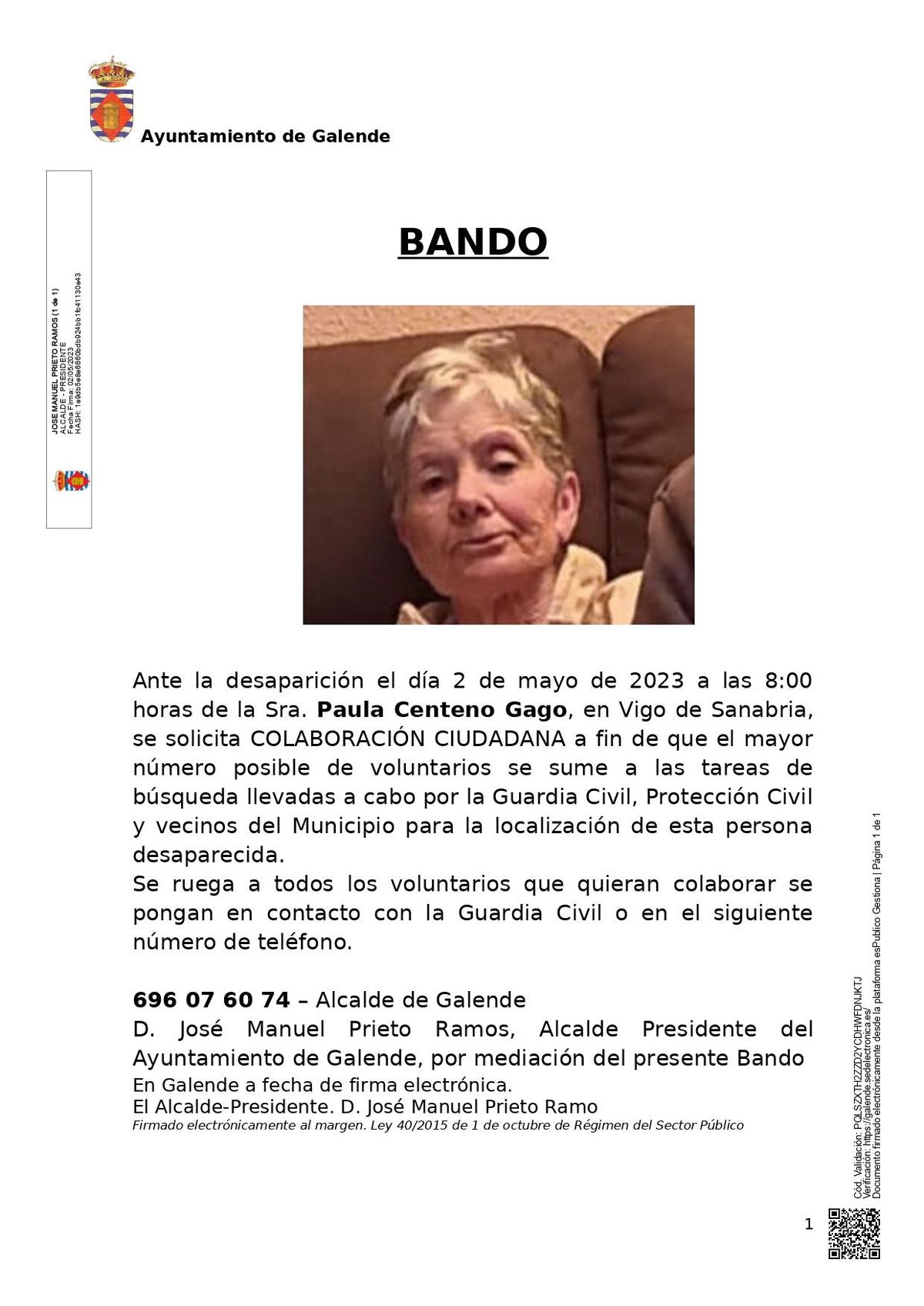 Bando del Ayuntamiento de Galende sobre la mujer desaparecida en Vigo de Sanabria.