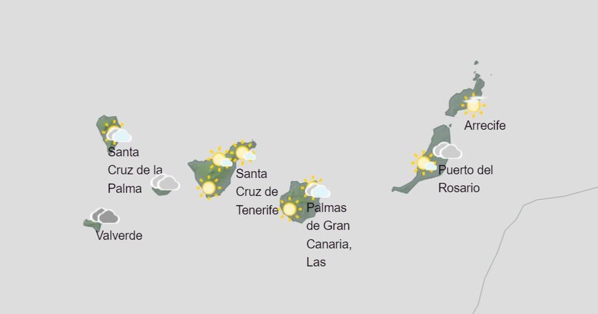 Mapa de previsión del tiempo de este jueves en Canarias.