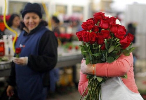 Un trabajador lleva un enorme ramo de rosas en Winston Flowers en Boston