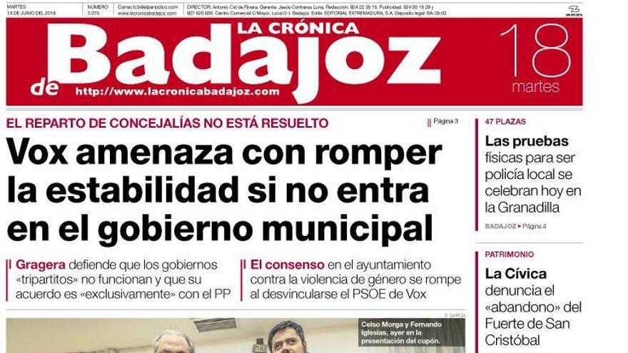 Esta es la portada de LA CRÓNICA DE BADAJOZ correspondiente al día 18 de junio del 2019