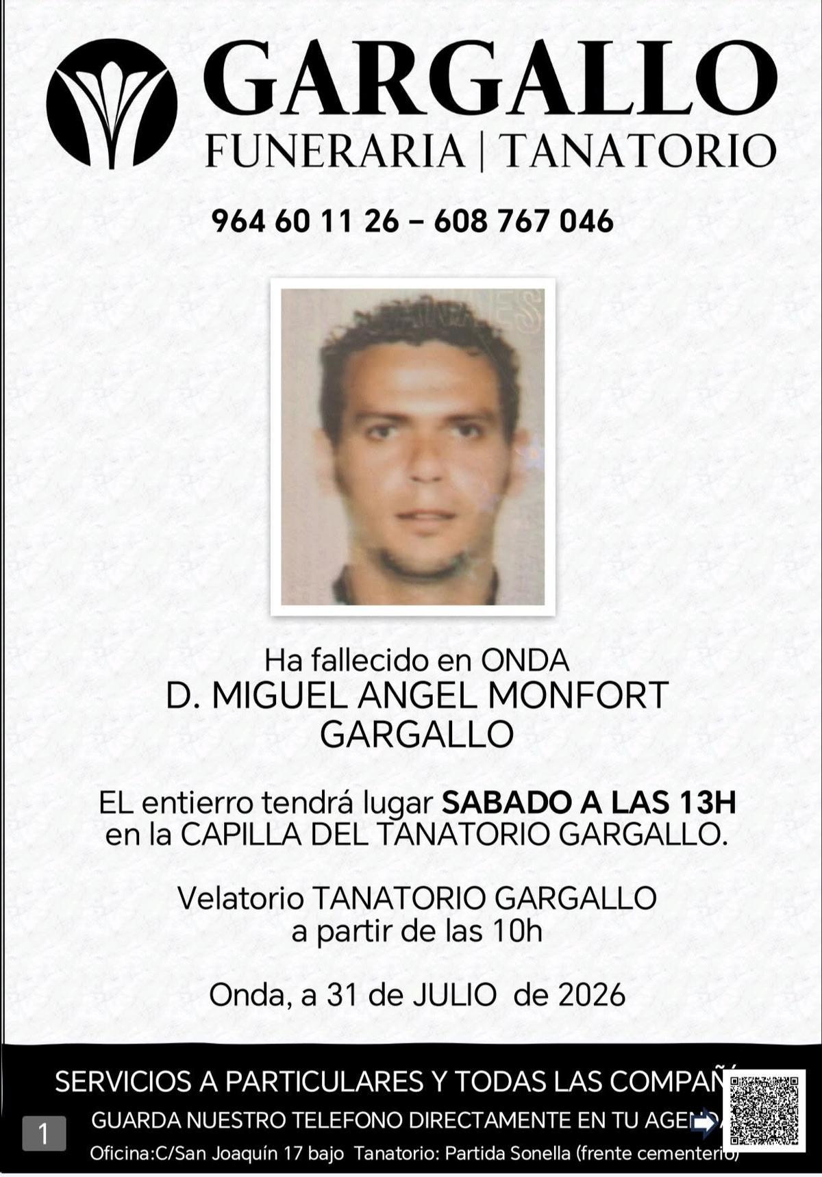 Esquela de Miguel Ángel Monfort.