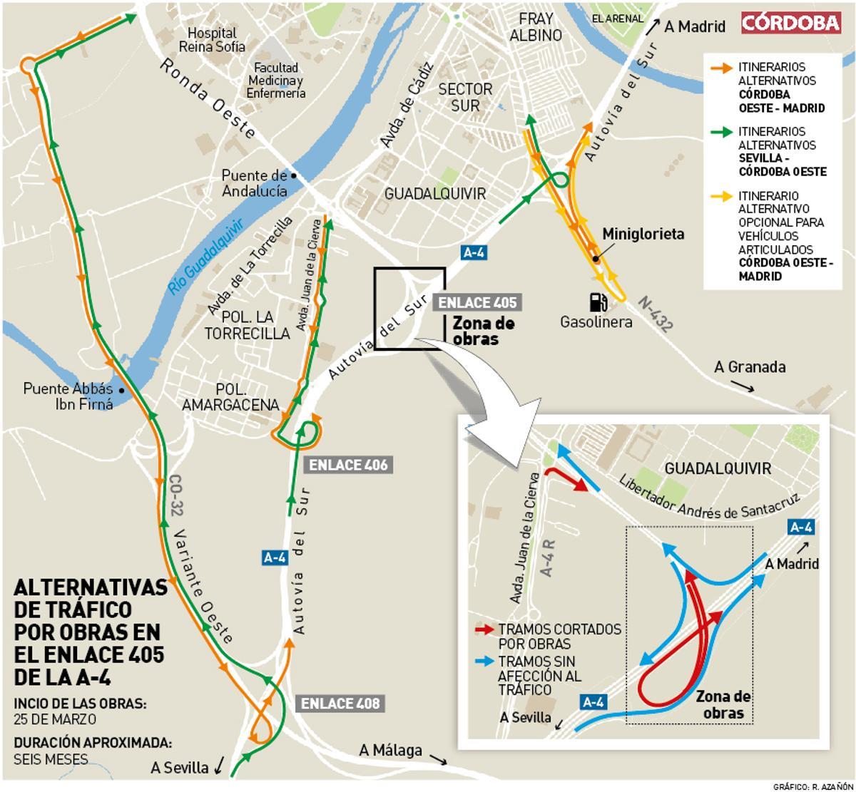 Alternativa de tráfico por las obras en la A-4 en Córdoba.