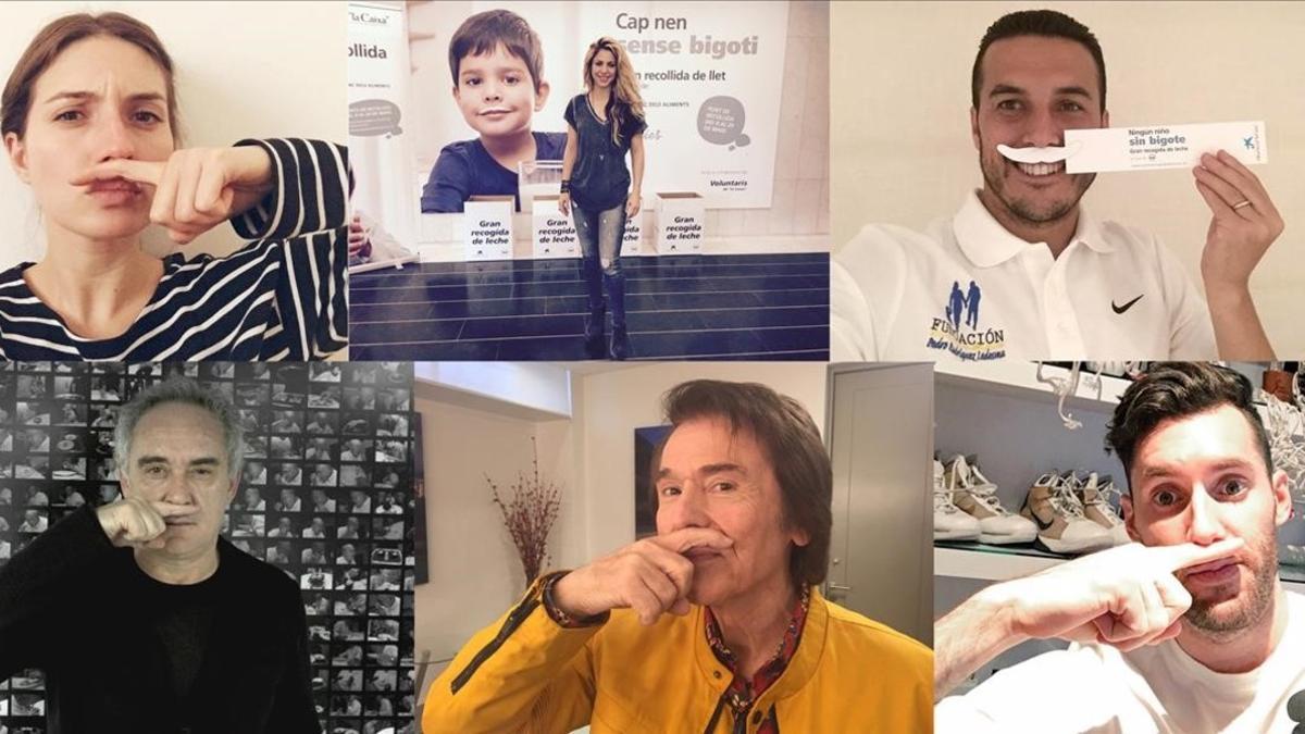 De izquierda a derecha y de arriba a abajo, María Valverde, Shakira, Pedro Rodríguez, Ferran Adrià, Raphael y Rudy Fernández, en la campaña 'Ningún niño sin bigote', impulsada por la Obra Social La Caixa y el Banco de Alimentos.