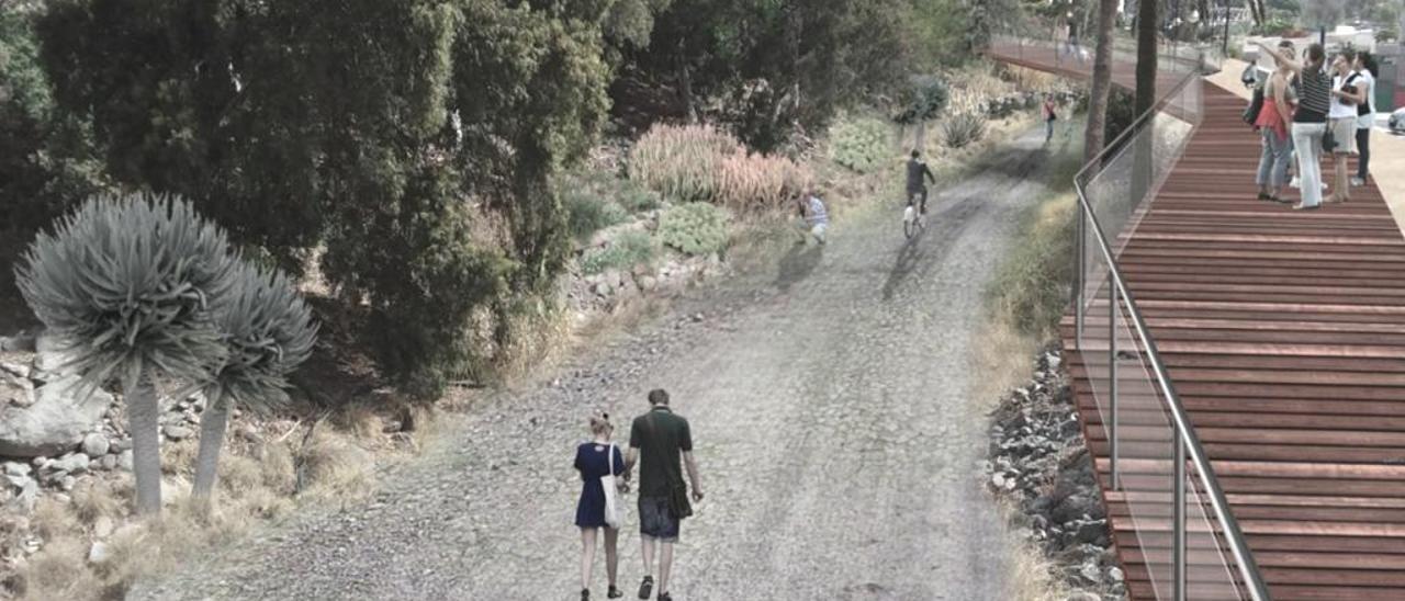 Simulación de cómo quedaría el plan de renaturalización y creación de zonas de estancia en los márgenes del barranco de Mogán.