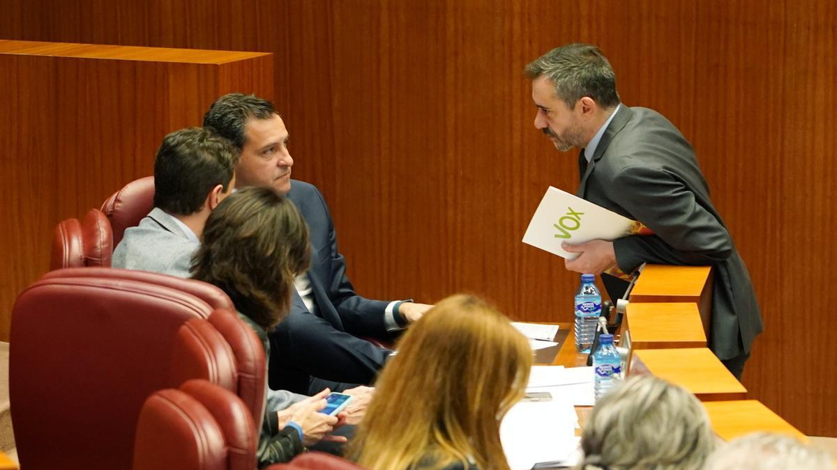 El portavoz del Grupo Popular, Raúl de la Hoz, conversa con el procurador de Vox David Hierro durante el Pleno de las Cortes.