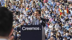 El presidente del PP, Pablo Casado, en el acto de clausura de la Convención Nacional del PP, en la Plaza de Toros de Valencia.