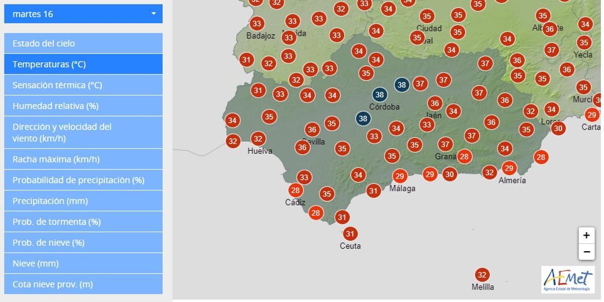 Temperaturas en Andalucía este martes 16 de julio