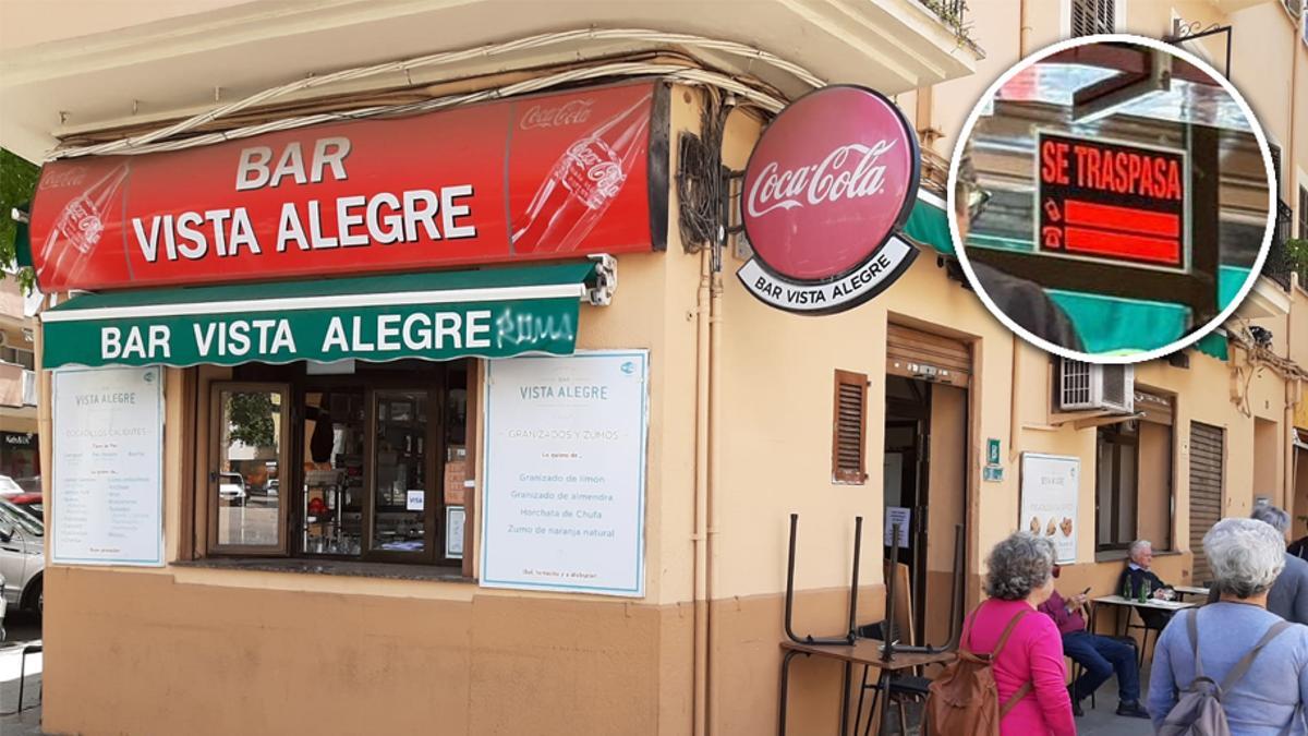 La terraza del bar Vista Alegre con parte de las mesas retiradas y el cartel de 'Se Traspasa' (en la imagen pequeña)