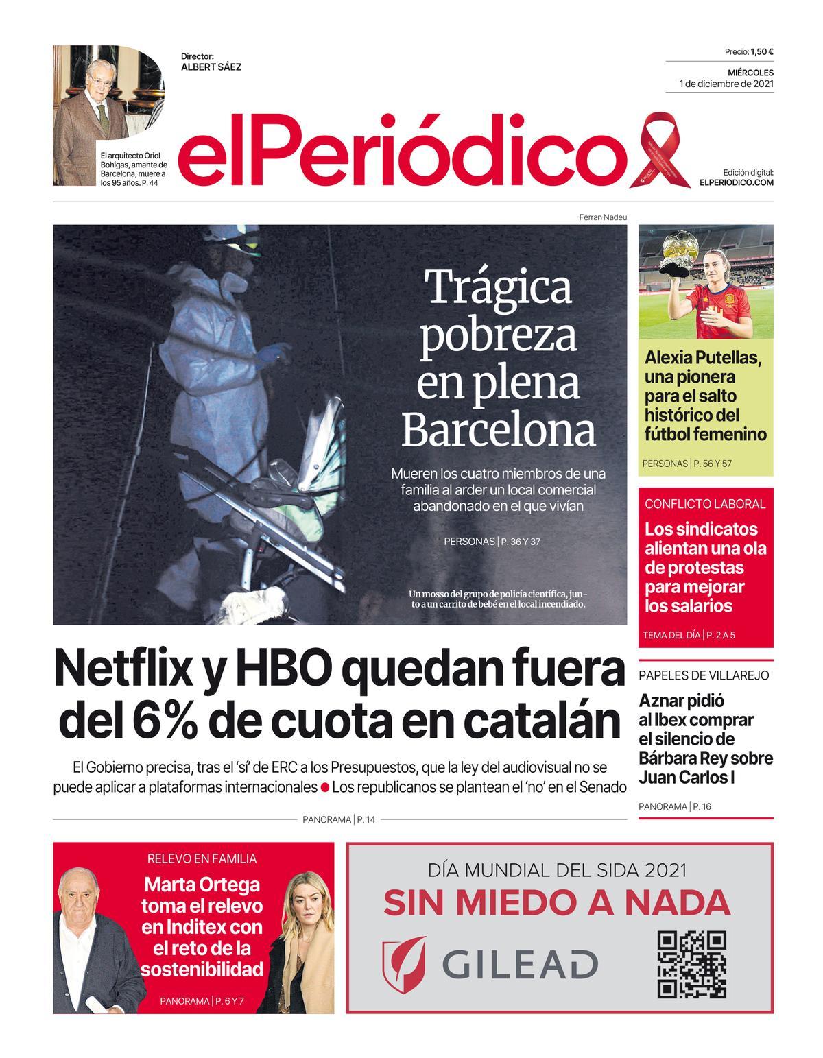 La portada d’EL PERIÓDICO de l’1 de desembre del 2021