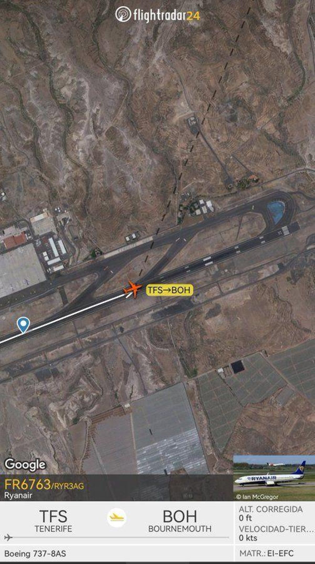 Situación del avión en la pista del aeropuerto Tenerife Sur.