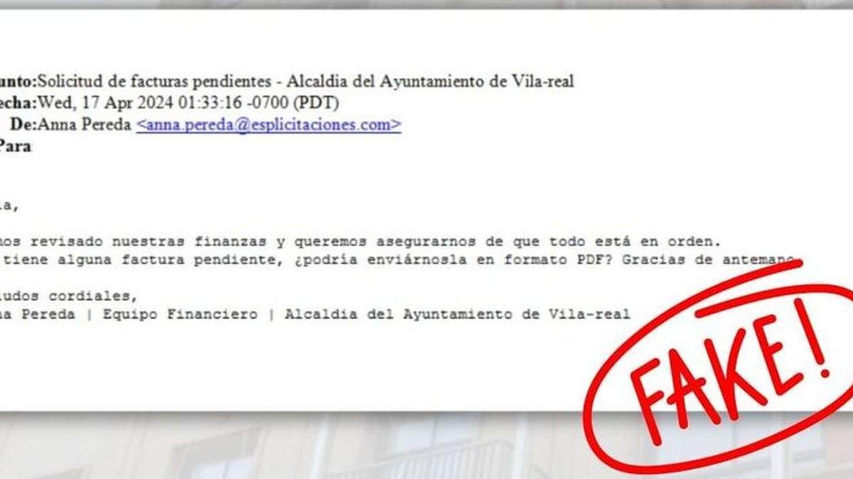 Imagen del correo electrónico falso en nombre de un inexistente equipo financiero de la alcaldía de Vila-real que han recibido varios ciudadanos.