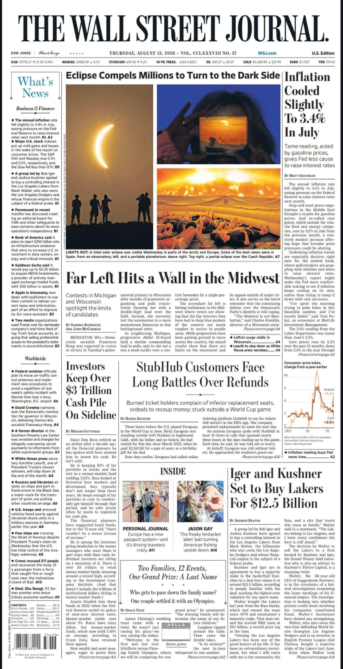 Portada del The Wall Street Journal con la imagen del eclipse desde el observatorio de Javalambre