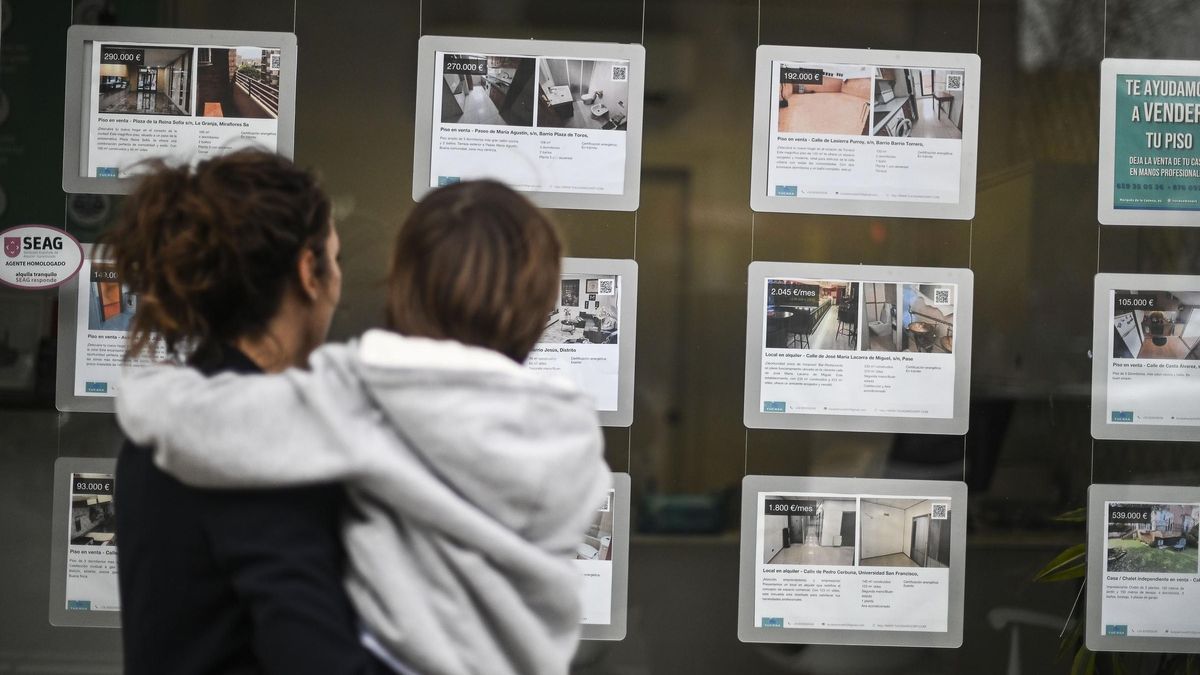Una mujer joven, con su hijo, miran ofertas de alquiler y venta de viviendas, en Zaragoza.