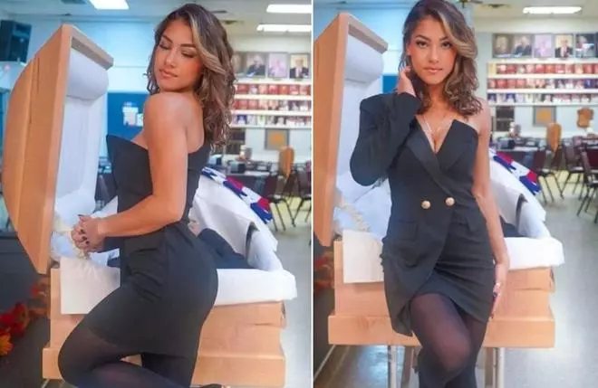Divina de la muerte: la influencer que posó en plan modelo ante el ataúd abierto de su padre