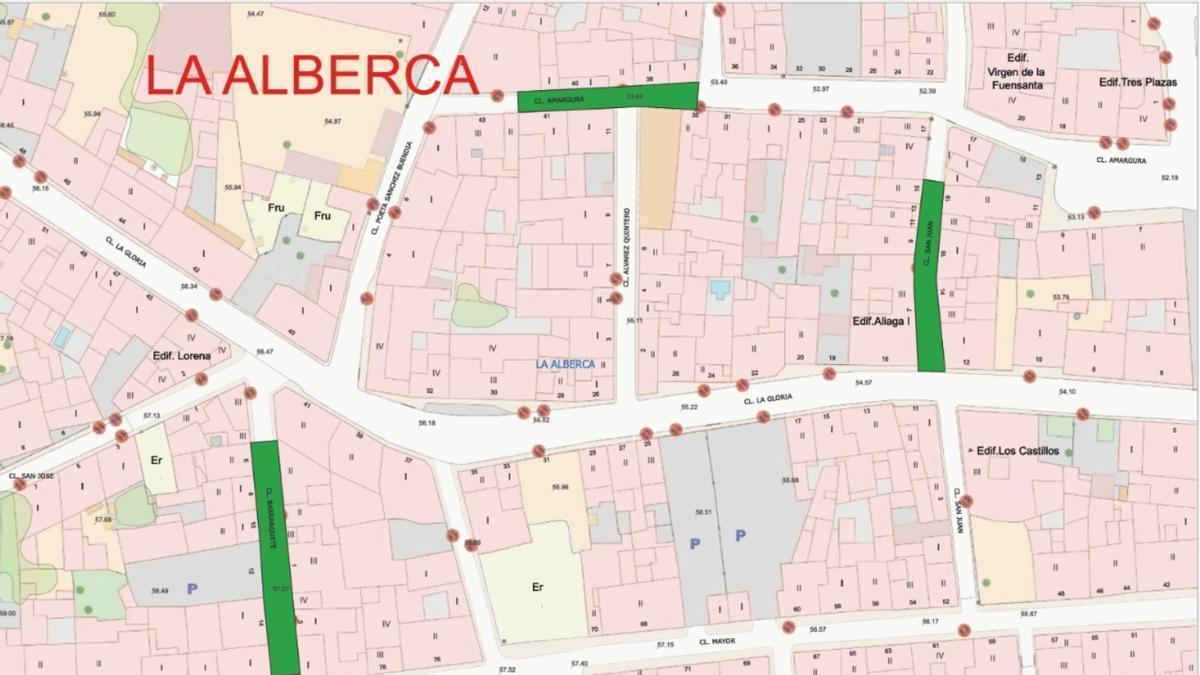 Mapa de las vías que se remodelarán en La Alberca en los próximos meses.