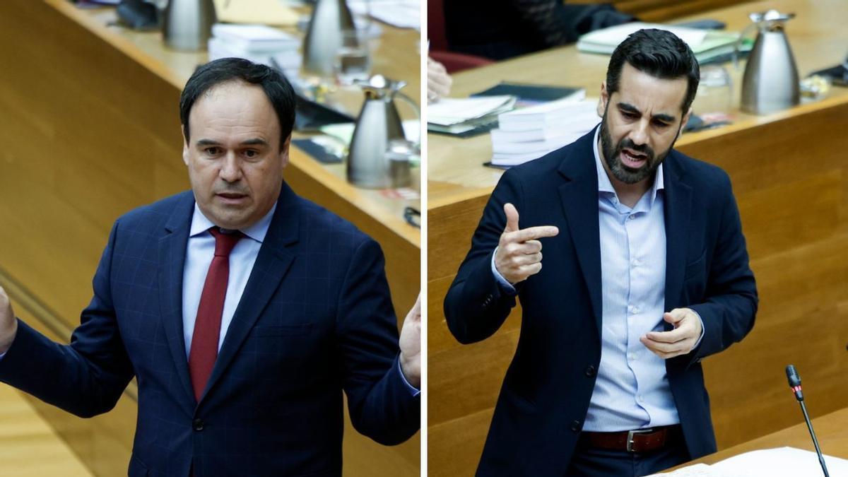 Juanfran Pérez Llorca y José Muñoz, este miércoles, en el pleno de las Cortes