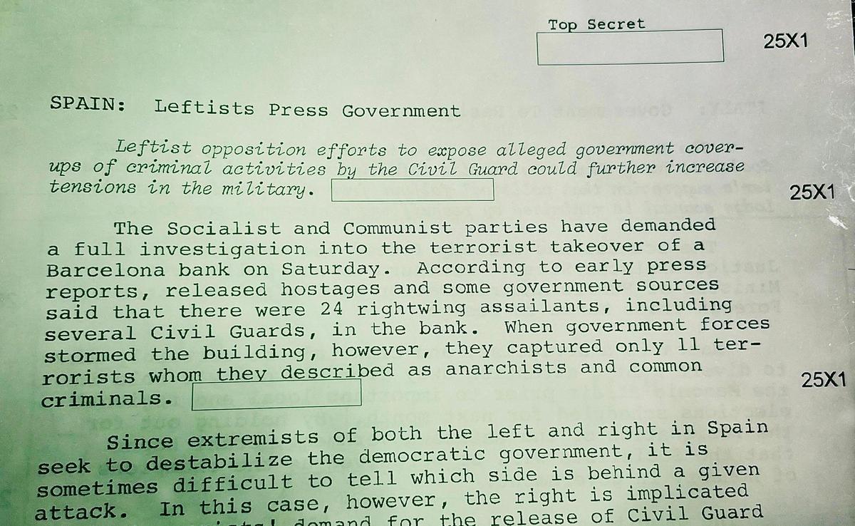 Párrafos de inicio del informe de la CIA del 26 de mayo de 1981 sobre el asalto al Banco Central de Barcelona.