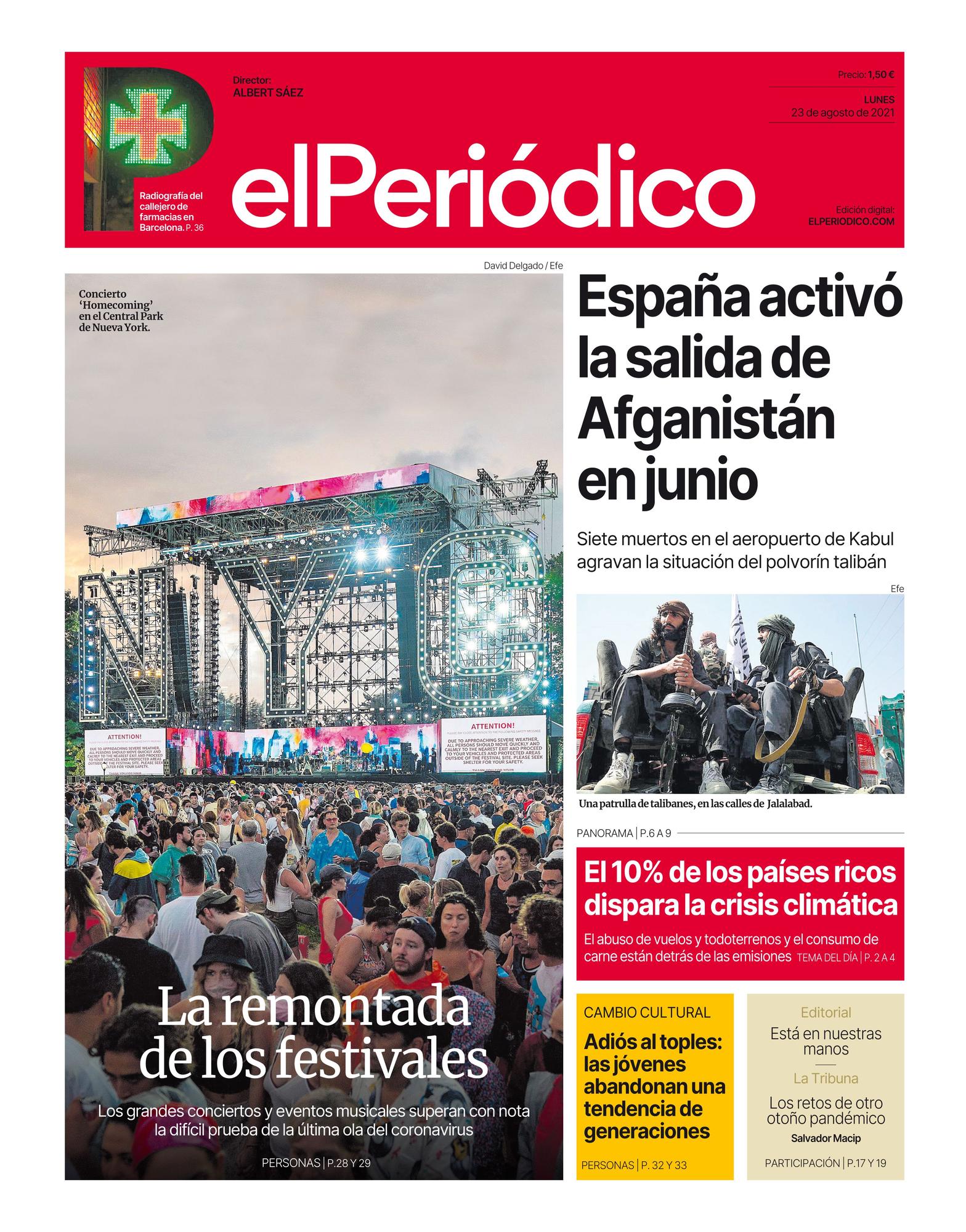 La portada de EL PERIÓDICO del 23 de agosto de 2021