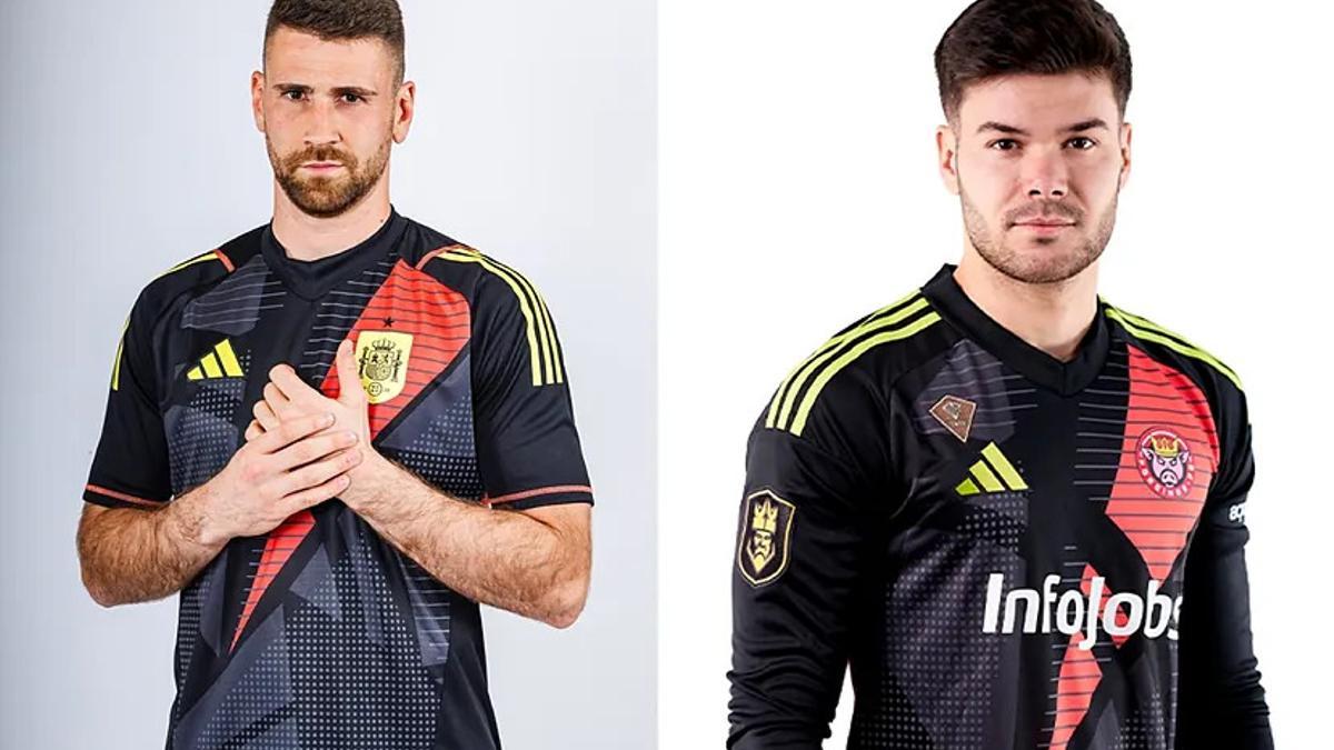 Unai Simón, portero de la selección española; y Marc Briones, meta de Porcinos FC de la Kings League, con la misma camiseta de Adidas.