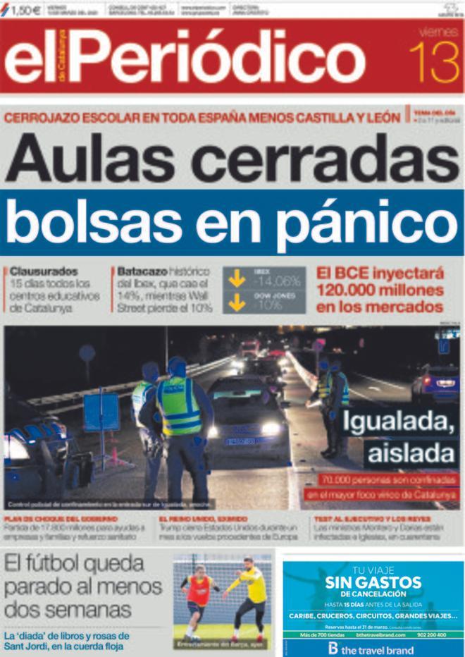 La portada de EL PERIÓDICO del 13 de marzo del 2020.