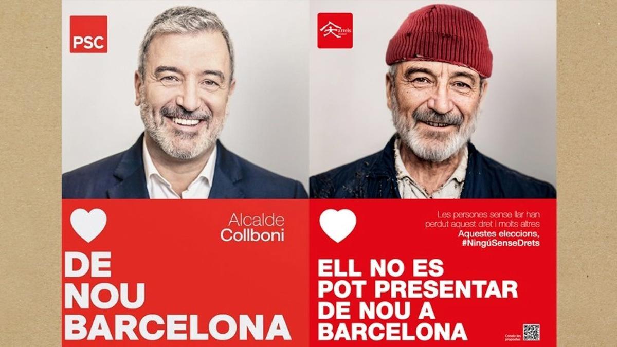El cartel electoral de Jaume Collboni y la versión con un alcaldable sin techo, por la fundación Arrels