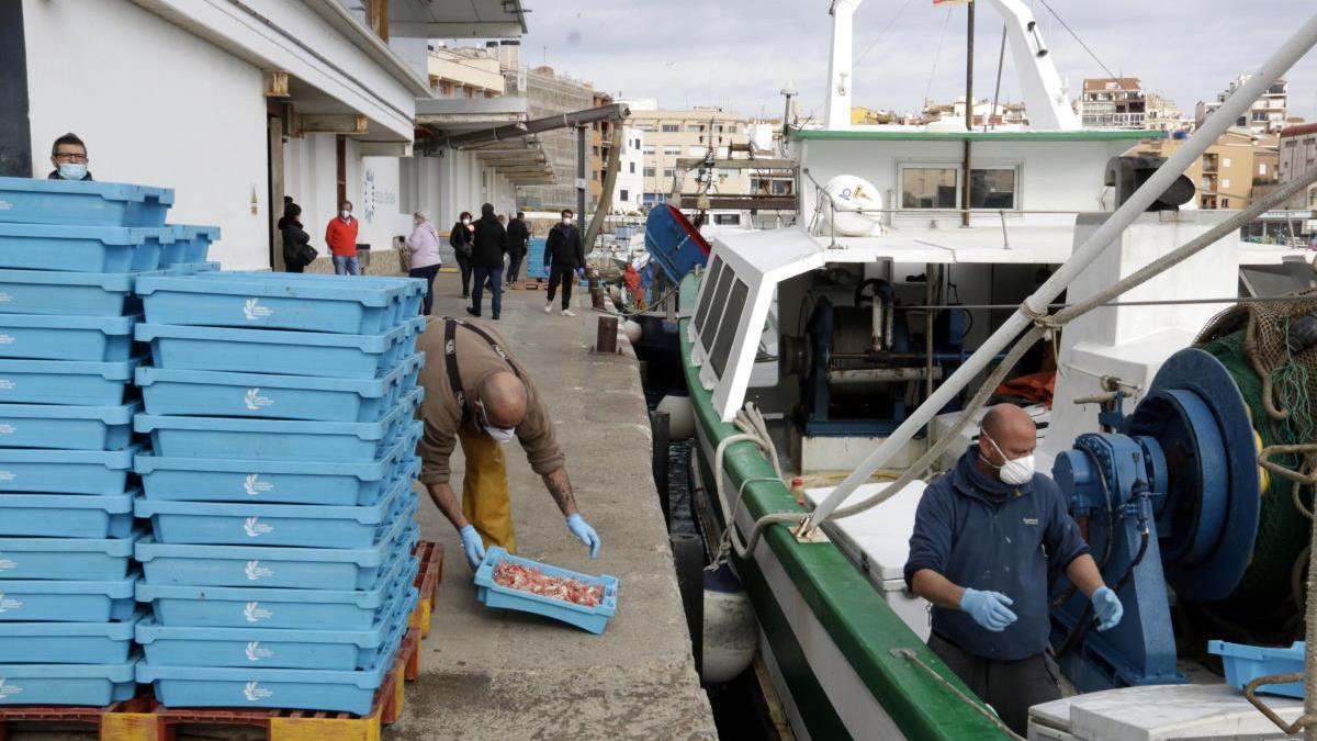 Pescadors de la flota d&#039;arrossegament de Palamós descarregant captures abans de l&#039;aturada.