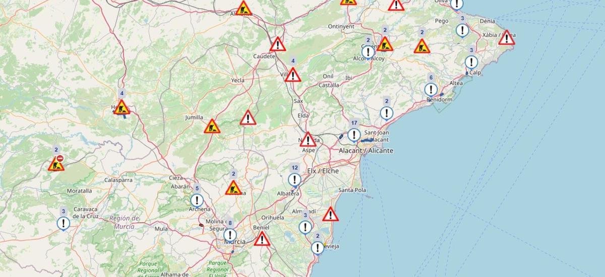 El mapa de incidencias de tráfico de esta mañana en la provincia de Alicante.