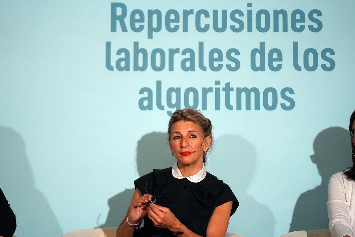 Yolanda Díaz durante la presentación de la ’Guía práctica y la herramienta sobre la obligación empresarial de información sobre el uso de algoritmos en el ámbito laboral’.