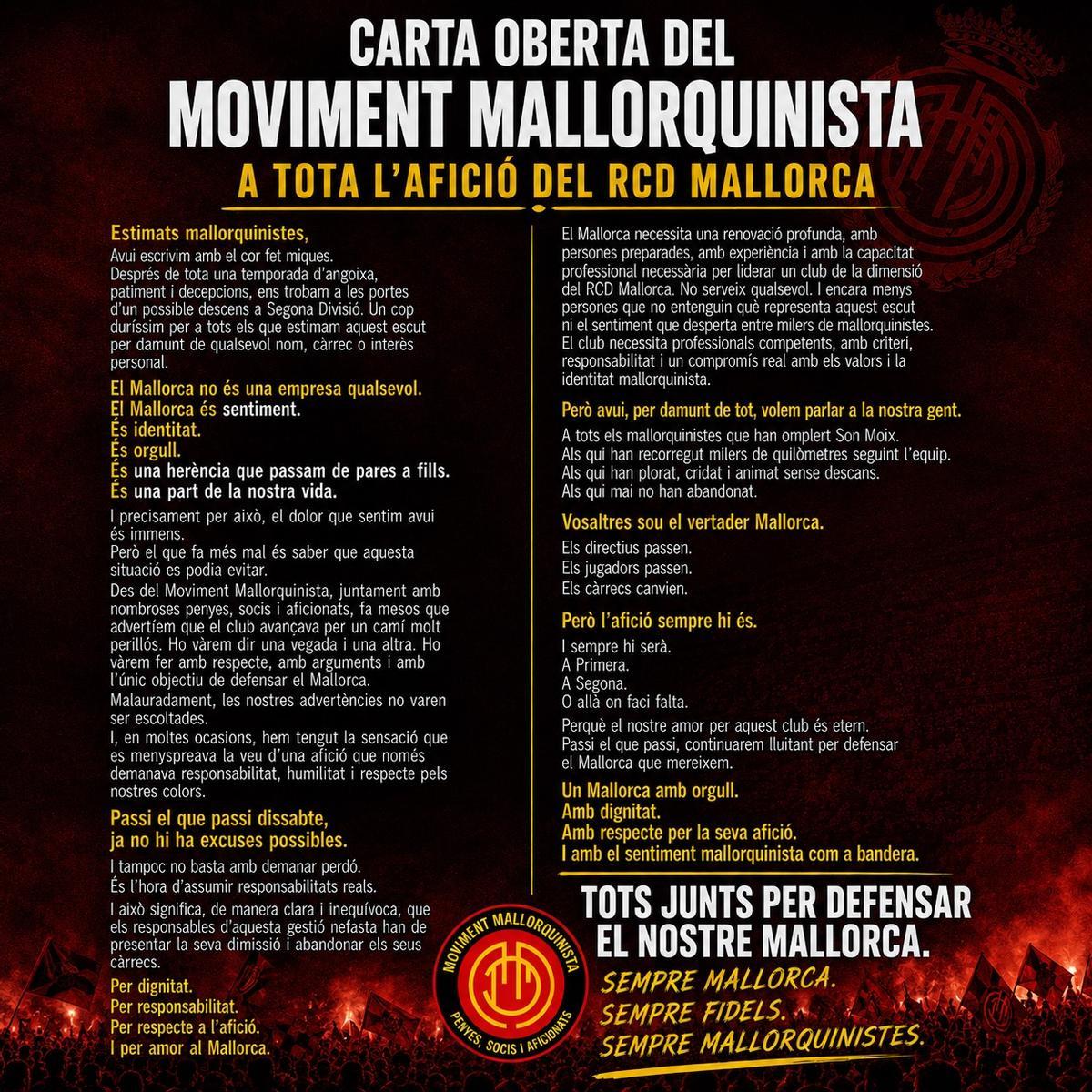 Esta es la nota del Moviment Mallorquinista.