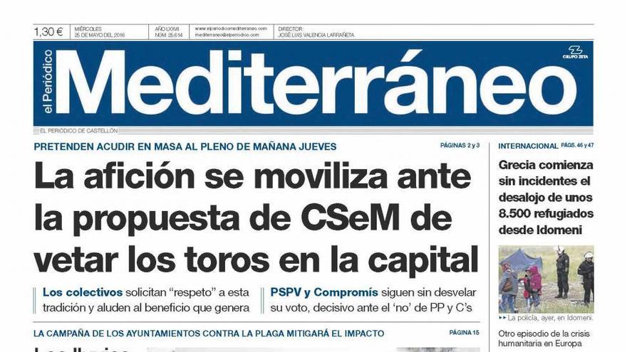 La afición se moviliza ante la propuesta de CSeM de vetar los toros en la capital, en la portada de Mediterráneo