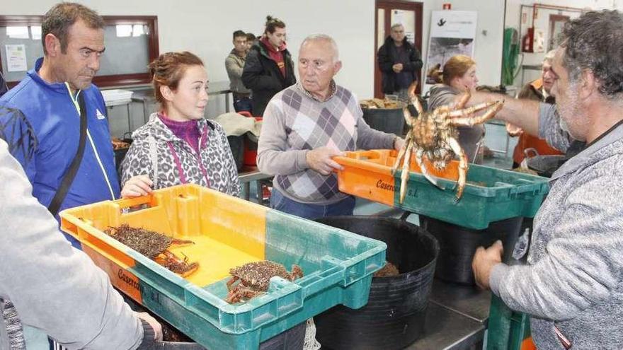 Compradores y marineros de centolla en la subasta de Cangas./ Santos Álvarez