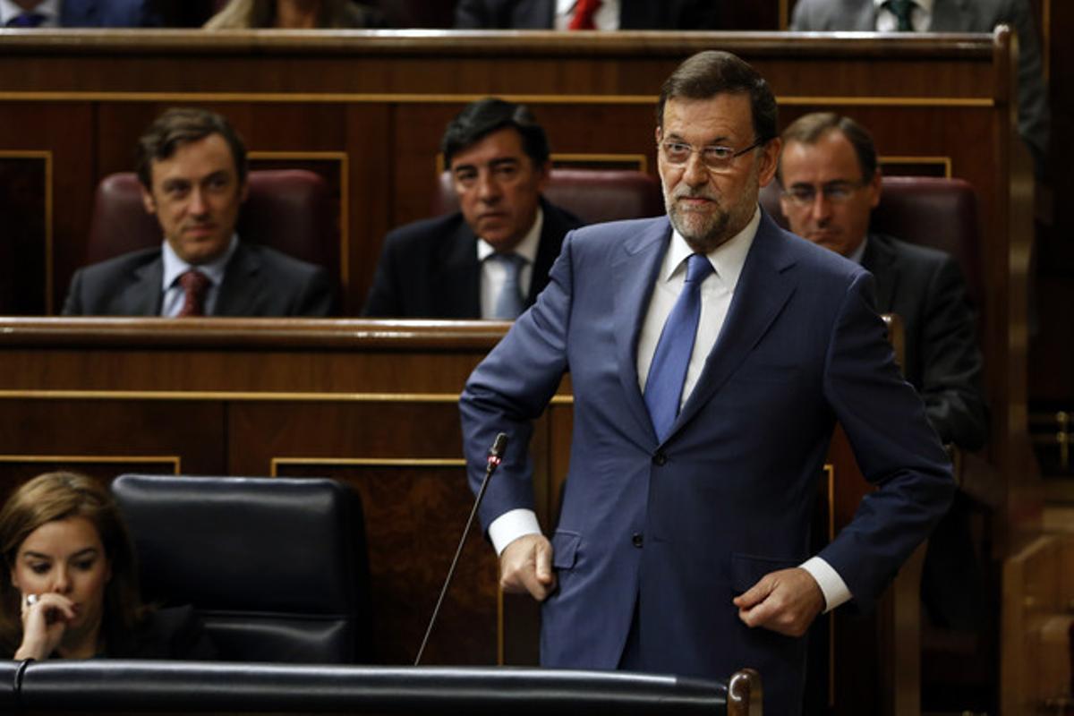 Mariano Rajoy, durant la seva intervenció en la sessió de control al Govern, aquest dimecres al Congrés. Mariano Rajoy, durant la seva intervenció en la sessió de control al Govern, aquest dimecres al Congrés.