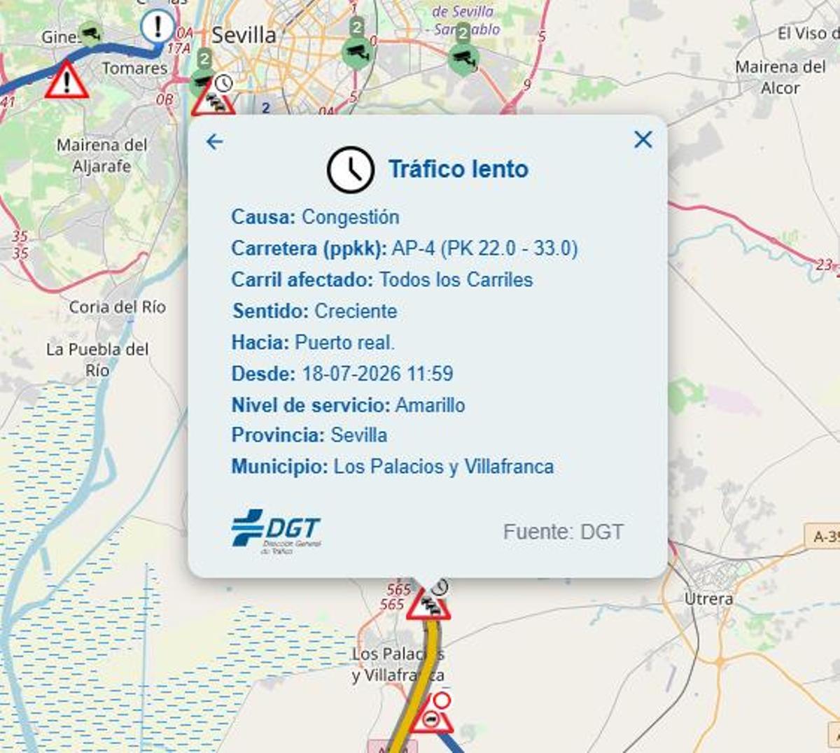 Aviso de la DGT sobre las retenciones en la AP 4 este sábado