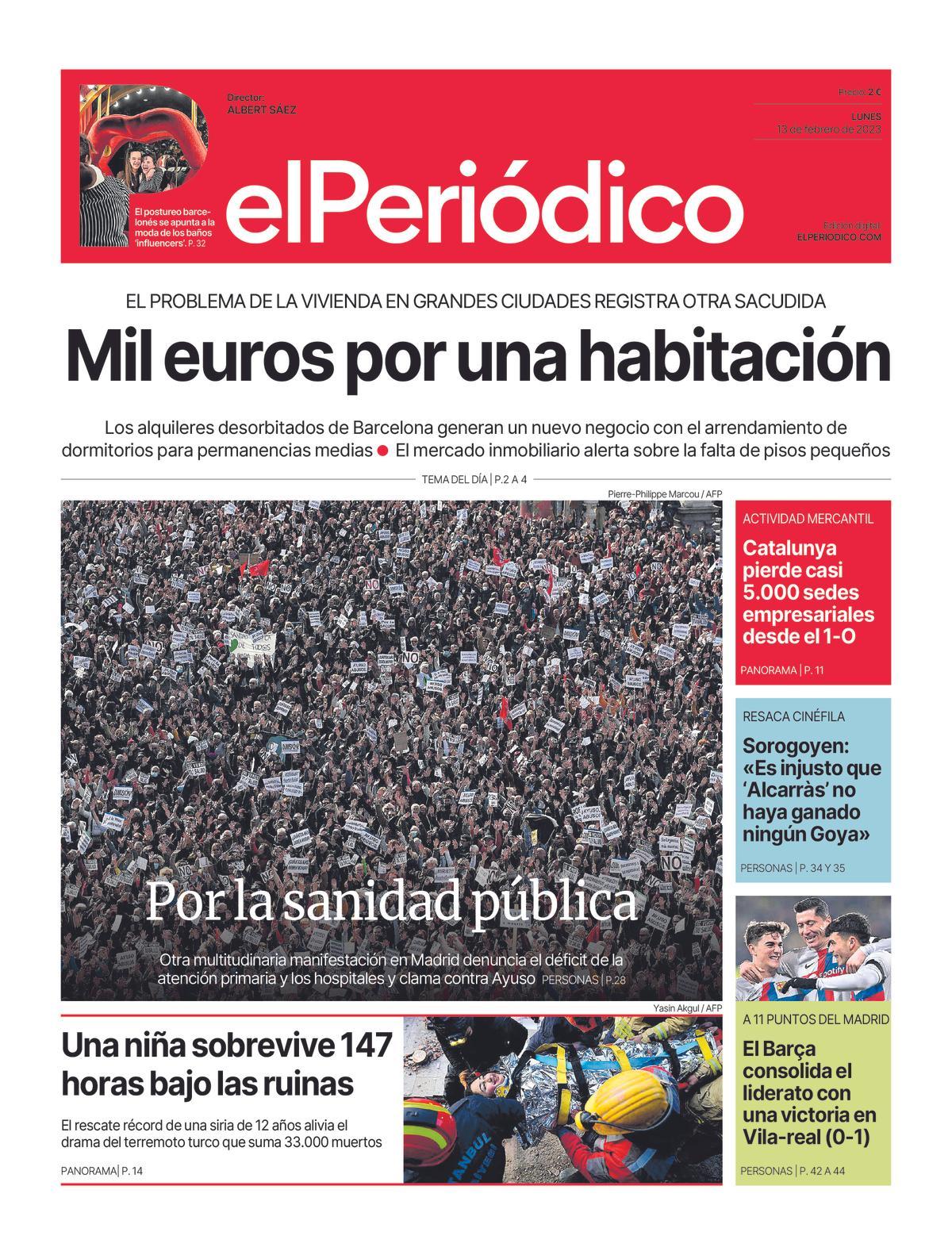 La portada d’EL PERIÓDICO del 13 de febrer del 2023