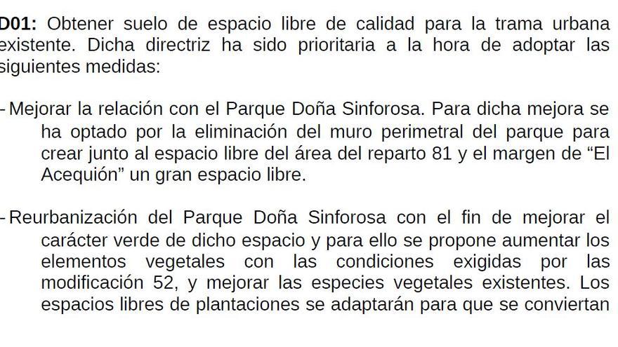 Parte del informe de la arquitecta municipal fechado el 18 de diciembre de 2020 donde se pide a la inmobiliaria que proyecte la remodelación del parque de Doña Sinforosa