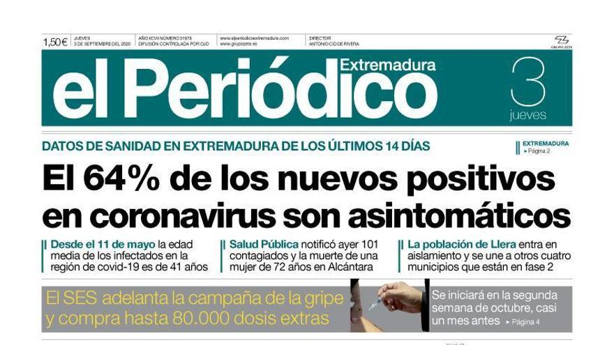 Esta es la portada de EL PERIÓDICO EXTREMADURA correspondiente al día 3 de septiembre del 2020