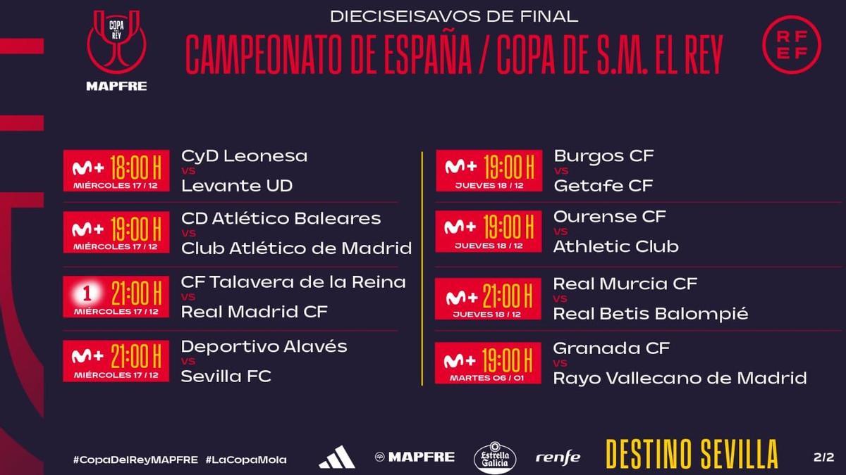 Horarios de los partidos de dieciseisavos de Copa del Rey.