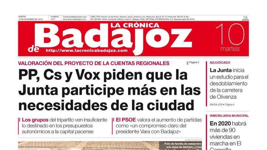 Esta es la portada de LA CRÓNICA DE BADAJOZ correspondiente al día 10 de diciembre del 2019