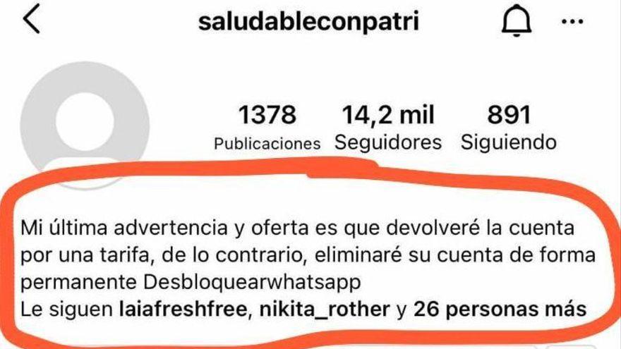 Mensaje de los hackers en el que se exige a la afectada a que pague si quiere recupera su cuenta de Instagram.