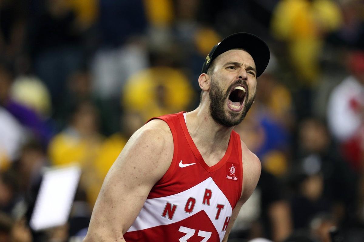 Jun 13, 2019; Oakland, CA, USA; Toronto Raptors center Marc Gasol (33) celebrates after defeating the Golden State Warriors for the NBA Championship in game six of the 2019 NBA Finals at Oracle Arena. Mandatory Credit:Cary Edmondson-USA TODAY Sports