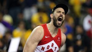 Jun 13, 2019; Oakland, CA, USA; Toronto Raptors center Marc Gasol (33) celebrates after defeating the Golden State Warriors for the NBA Championship in game six of the 2019 NBA Finals at Oracle Arena. Mandatory Credit:Cary Edmondson-USA TODAY Sports