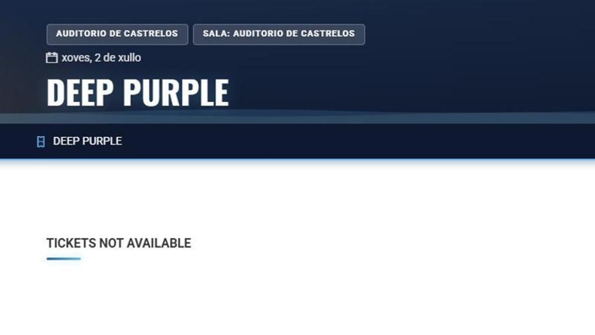 Captura de pantalla del 'sold out' de la primera tanda de entradas 'online' para el concierto de Deep Purple en Castrelos.
