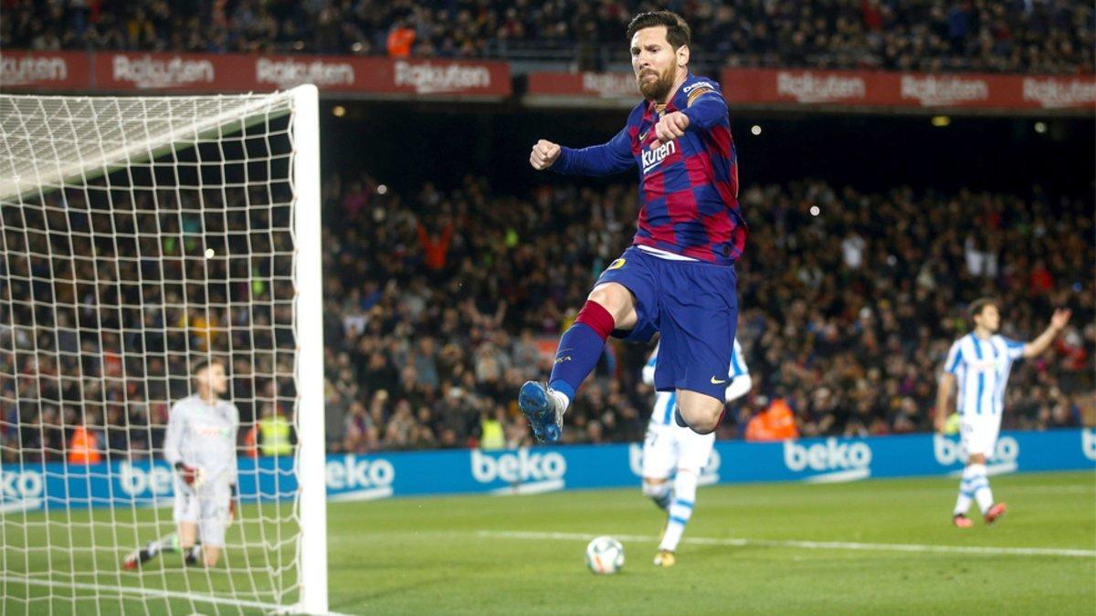Leo Messi celebra su gol en el Barça-Real Sociedad de la Liga 2019/20