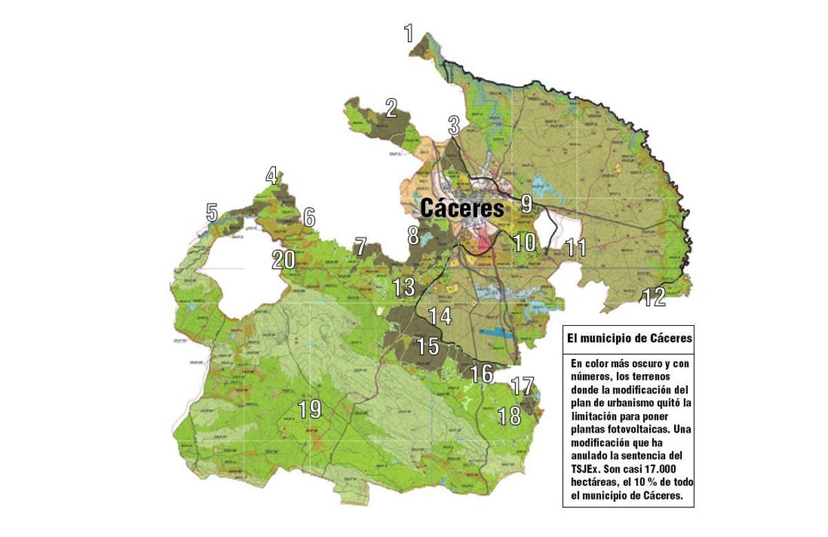 Los veinte espacios del suelo no urbanizable de protección Llanos repartidos en el municipio.