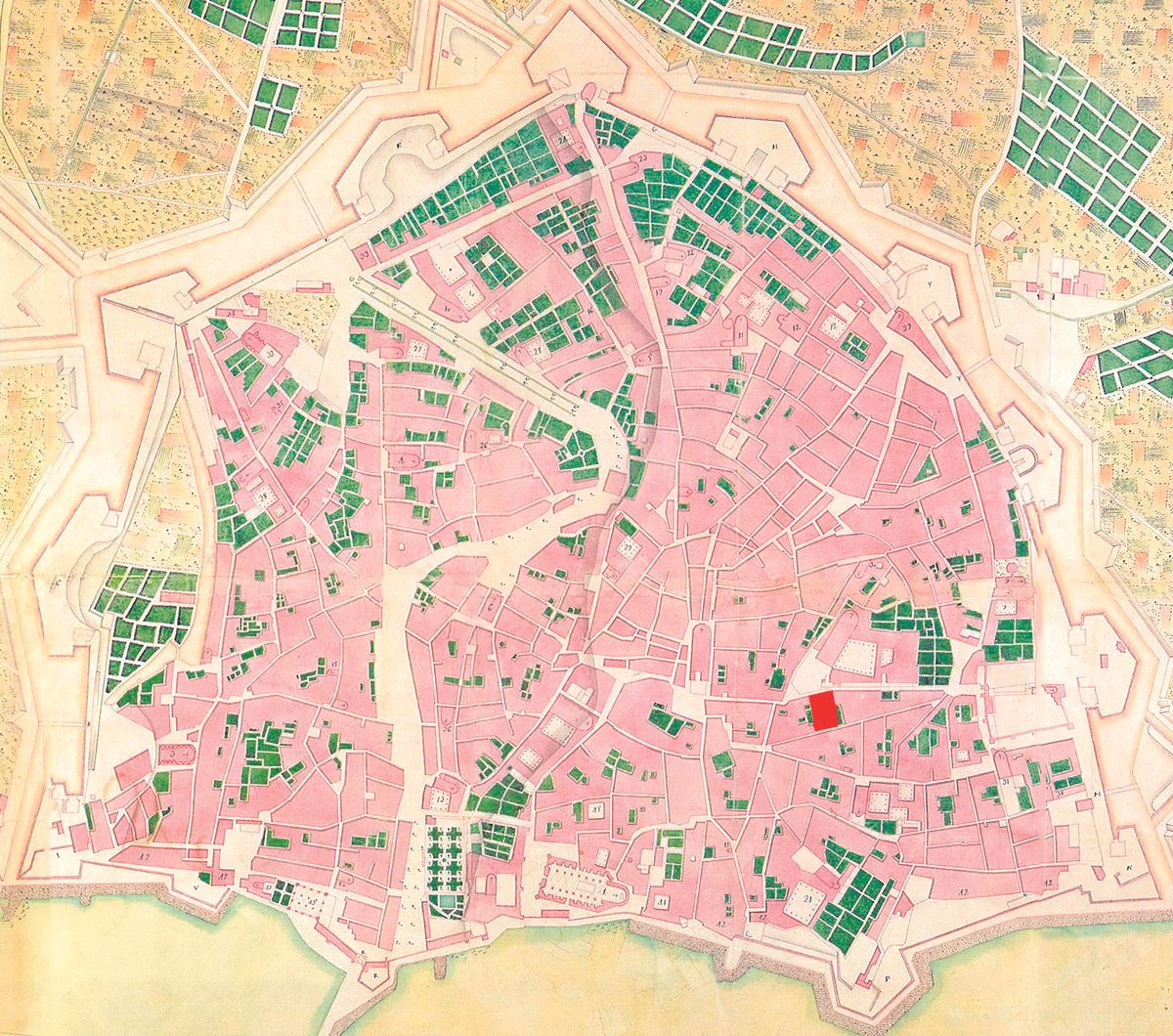 Plano antiguo de Palma que sitúa la ceca de Mallorca.